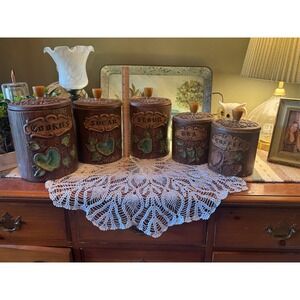 Vintage Treasure Craft Ceramic Canister Set 5pc Wood Grain Fruit Brown Green